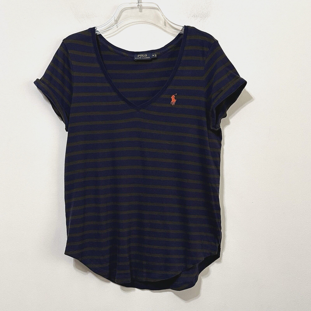 Polo Ralph Lauren Womens V Neck Striped Tee M Navy Tan Roll Cuff Cotton Classic